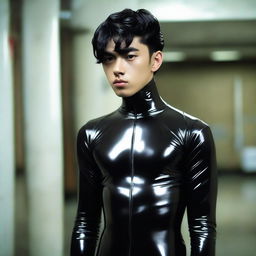 A 20-year-old Indonesian man with slim face, big head, black hair, sharp nose, thick eyebrows, curled eyelashes, big eyes, clean-shaven, wearing a full body latex catsuit.