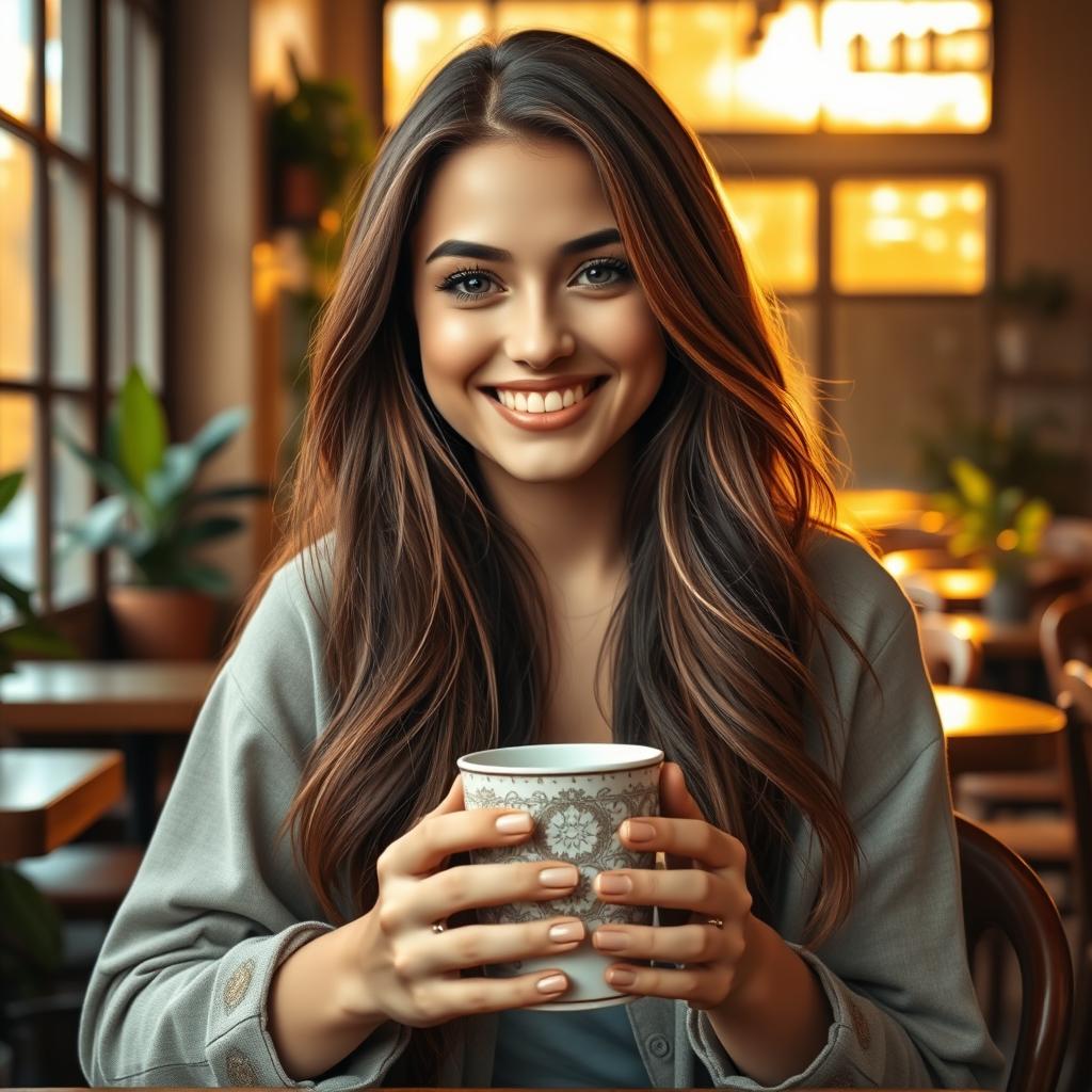 A highly realistic portrait of a young woman with long, flowing brunette hair, sitting in a sunlit café