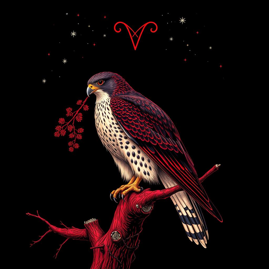 A majestic peregrine falcon perched on a tree, holding an alder branch in its beak, set against a black background