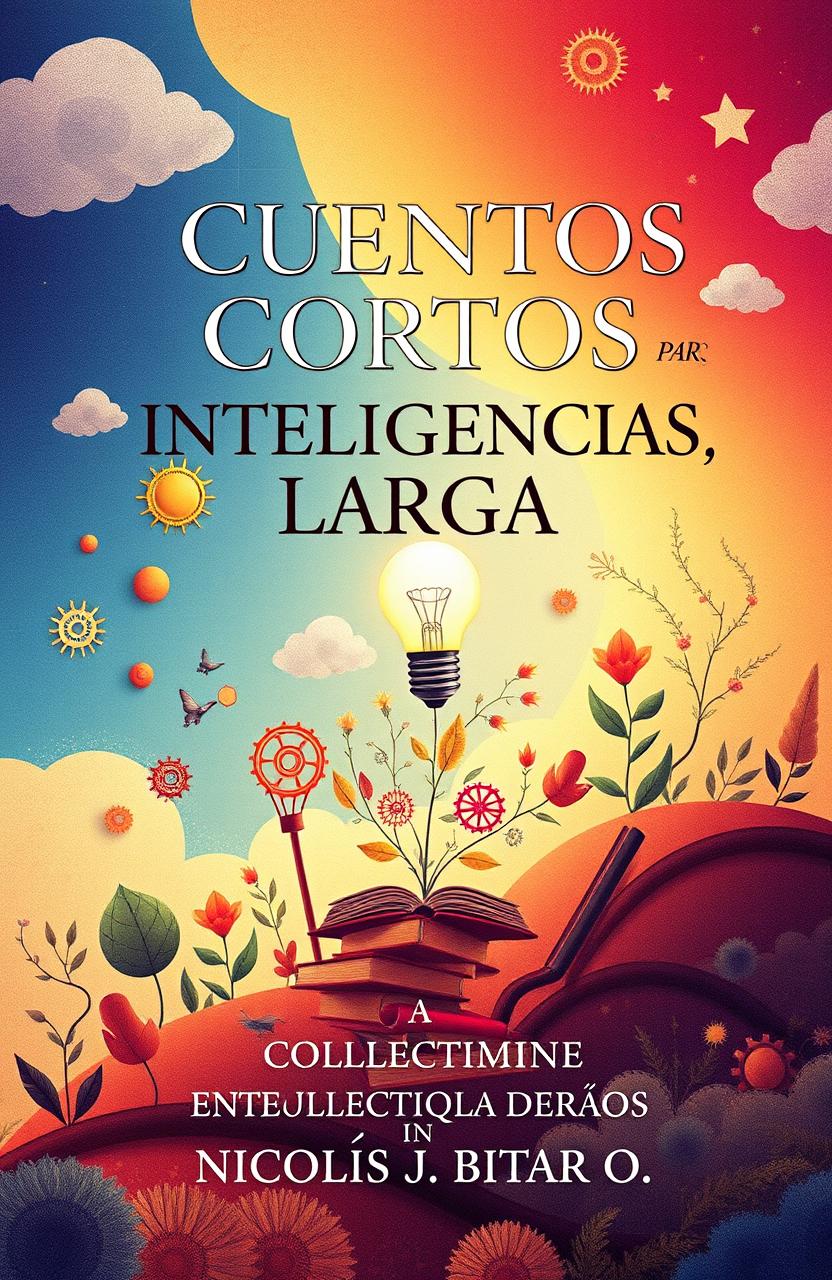 A captivating book cover design for a collection of short stories titled 'CUENTOS CORTOS PARA INTELIGENCIAS LARGAS'