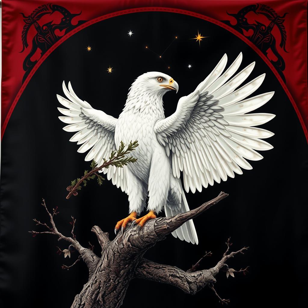 A magnificent white hawk perched on a tree, gracefully holding an alder branch in its beak, under the constellation of Aries shining in the night sky
