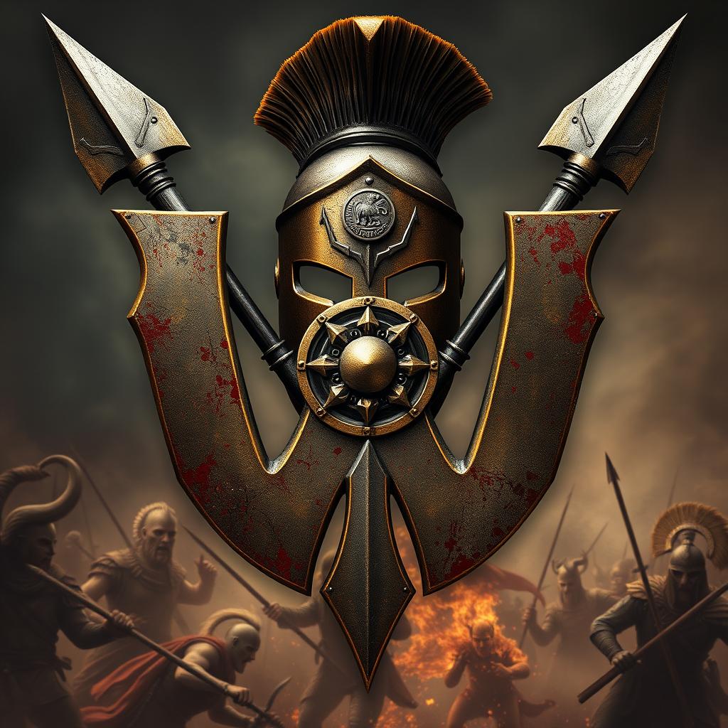 A Spartan warrior logo featuring an epic metallic letter W formed by two crossed spears, displaying a battered bronze texture complete with scratches and blood stains