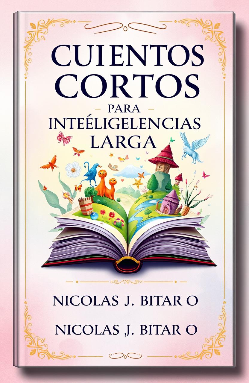 A captivating book cover design for a collection of short stories titled "CUENTOS CORTOS PARA INTELIGENCIAS LARGAS" by author NICOLAS J