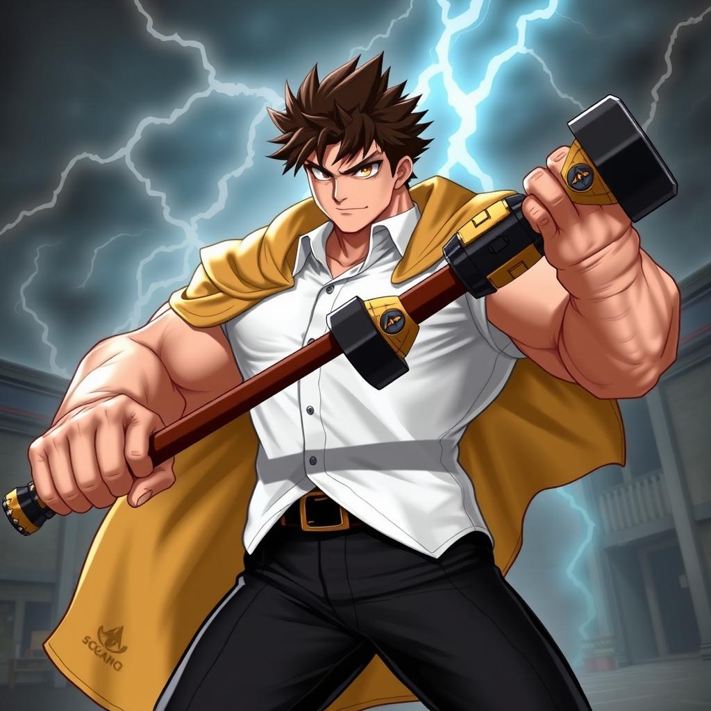 A large, muscular, broad-shouldered student with very short, spiky dark brown hair and amber eyes featuring a mountain sigil in his cornea