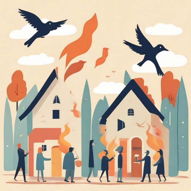 Three houses in a row with a bird distributing fire without causing harm, surrounded by a crowd of joyful people