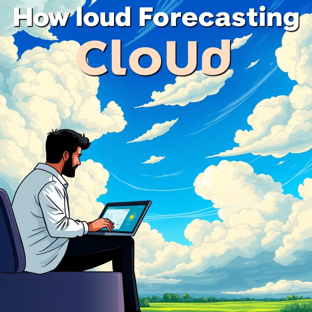 An illustration highlighting the importance of cloud forecasting, showcasing a beautiful, dynamic sky filled with various types of clouds - cumulus, stratus, cirrus - with a meteorologist analyzing data on a laptop and a weather map in the background