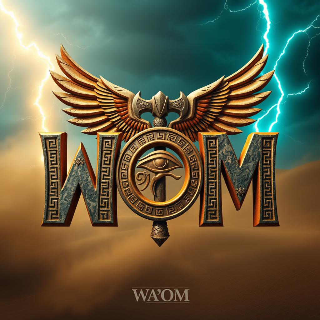 An ultra-epic logo featuring the letters 'WAOM' designed as a fusion of Greek, Norse, and Egyptian mythology elements
