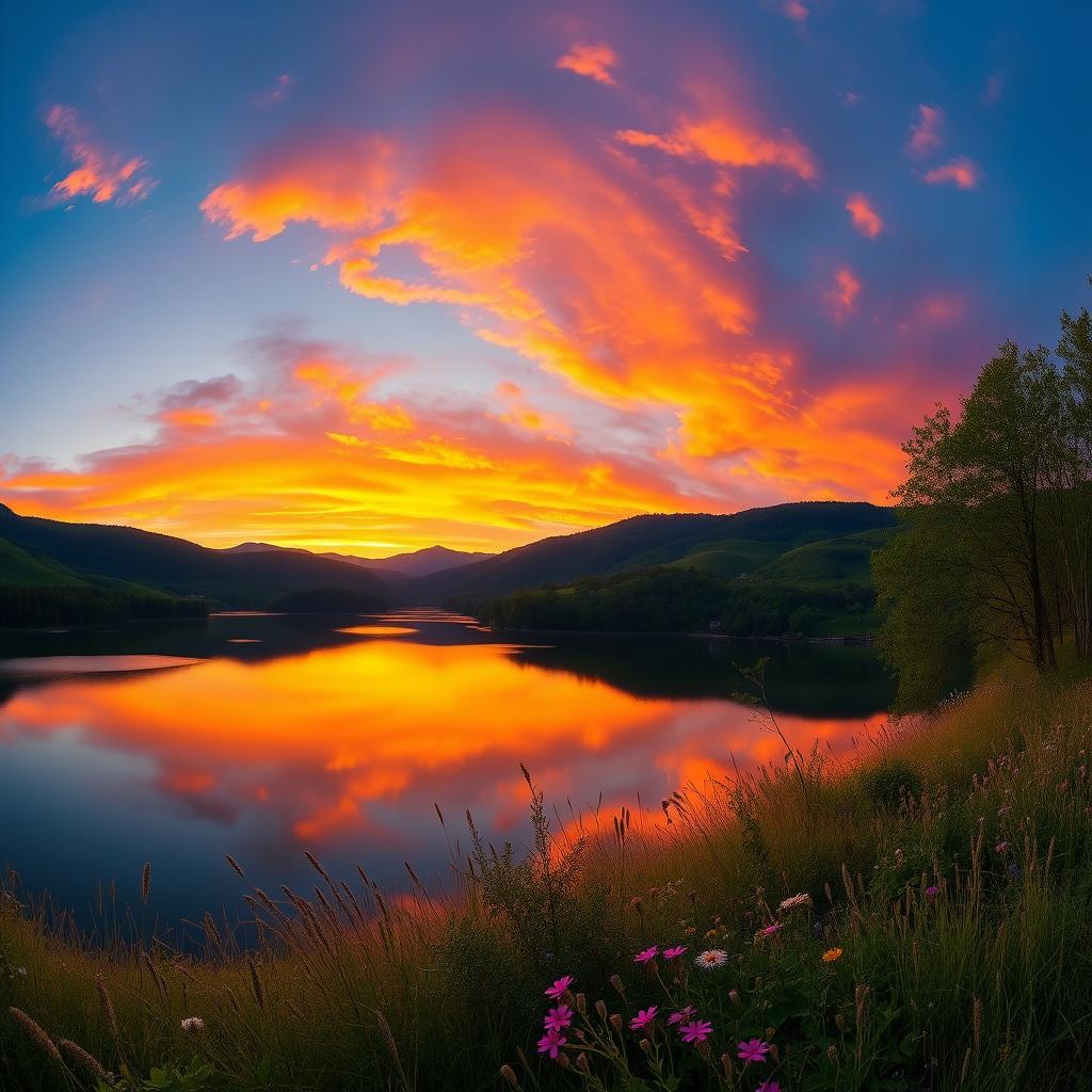 A panoramic landscape showcasing a breathtaking sunset over a serene lake surrounded by lush green hills