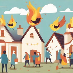 Three houses in a row with a bird distributing fire without causing harm, surrounded by a crowd of joyful people