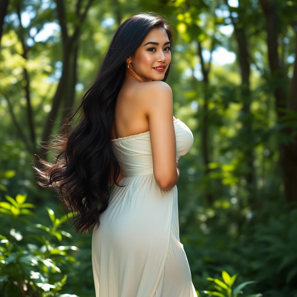 A young, curvy woman with fair skin and long, flowing black hair, resembling a beautiful pearl, standing in a lush green forest