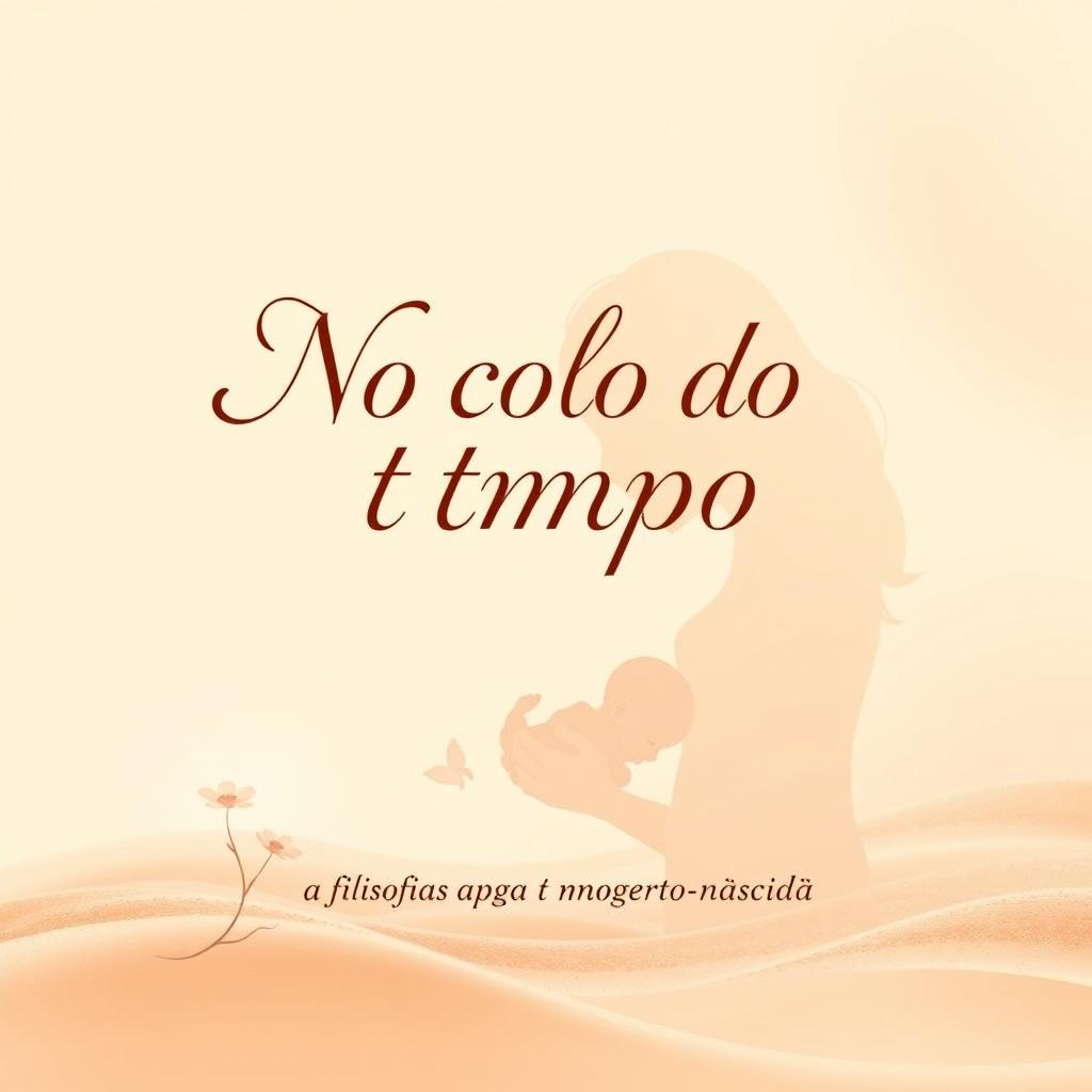 A captivating book cover design for a motherhood theme, featuring the title "No colo do tempo" prominently displayed in elegant and flowing typography