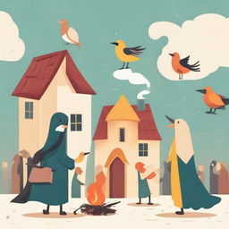 Three houses in a row with a bird distributing fire without causing harm, surrounded by a crowd of joyful people