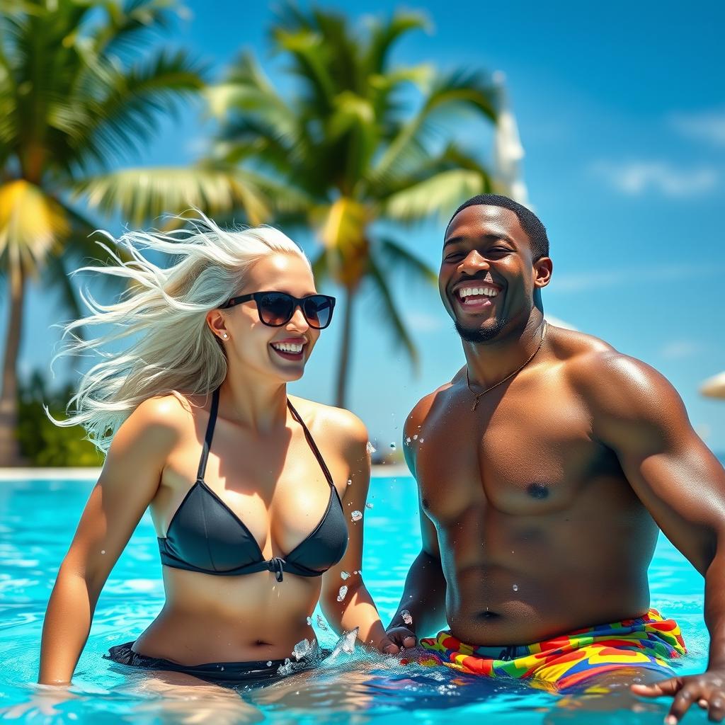 A beautiful, attractive white woman and a charming black man enjoying a sunny day in a swimming pool
