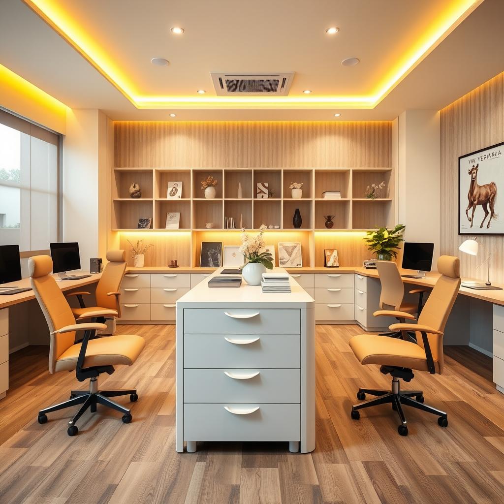 A stylish and elegant office/showroom for the company VERNARA DECOR, selling laminated flooring, vinyl, boiserie, wood slats, wallpaper, and specialized labor services