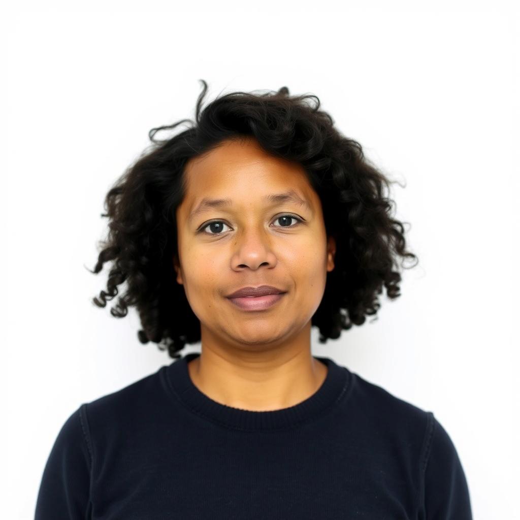 A portrait picture of a person captured in a half body view against a clean, white background