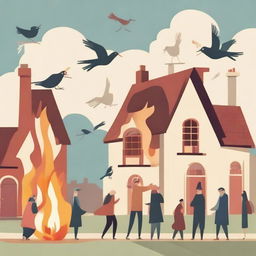 Three houses in a row with a bird distributing fire without causing harm, surrounded by a crowd of joyful people