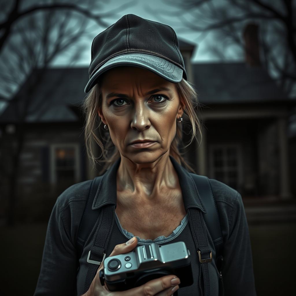 A hyper-realistic representation of an angry middle-aged white woman standing outside a house