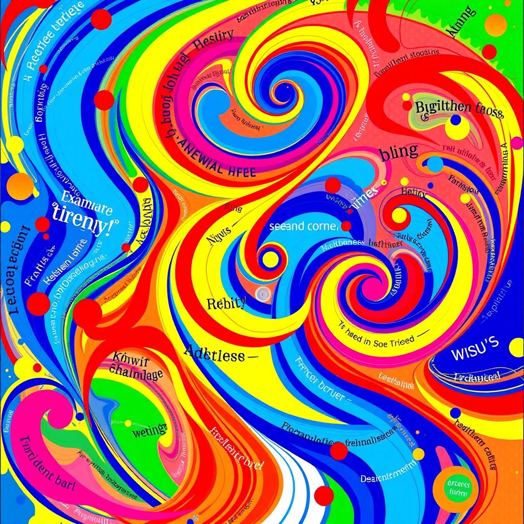 A vibrant and colorful abstract artwork featuring swirling patterns and shapes, with random words scattered throughout the background in playful fonts