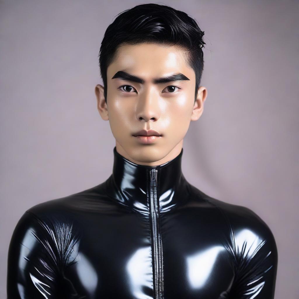 A 20-year-old Indonesian man with a slim face, large head, black hair, sharp nose, thick eyebrows, curved eyelashes, large eyes, without a mustache, wearing a latex catsuit that extends to his feet.