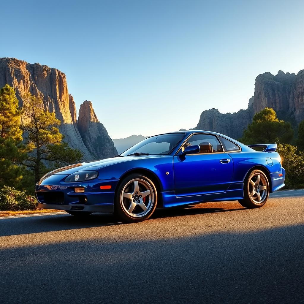 A stunning Nissan S14 sports car parked on a picturesque mountain road