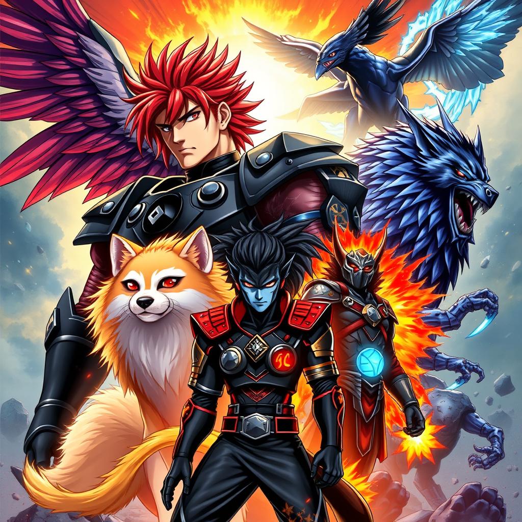 A stunning book cover for a novel titled "Warriors of the Universe Animes - Um Novo Começo" featuring vibrant and dynamic illustrations of the following characters: Gonje, a towering and muscular figure at 3m with striking red hair and scarlet eyes, wearing a black angelic/demonic armor