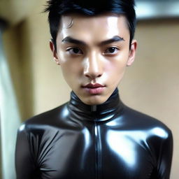 A 20-year-old Indonesian man with a slim face, large head, black hair, sharp nose, thick eyebrows, curved eyelashes, large eyes, without a mustache, wearing a latex catsuit that extends to his feet.