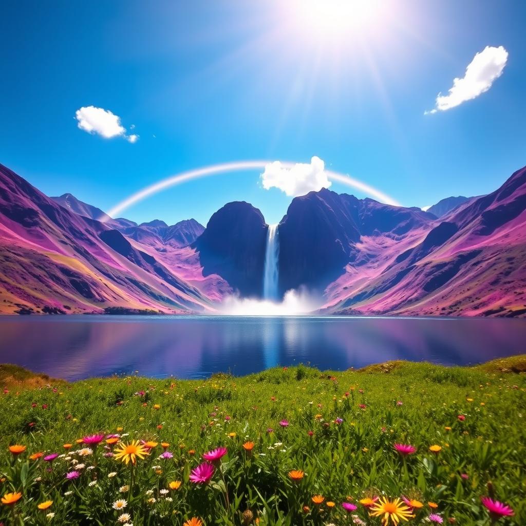 A breathtaking fantasy landscape featuring a serene lake surrounded by vibrant purple mountains under a bright blue sky