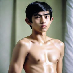 A 20-year-old Indonesian man with a slim face, large head, black hair, sharp nose, thick eyebrows, curved eyelashes, large eyes, without a mustache, wearing a latex catsuit that extends to his feet.