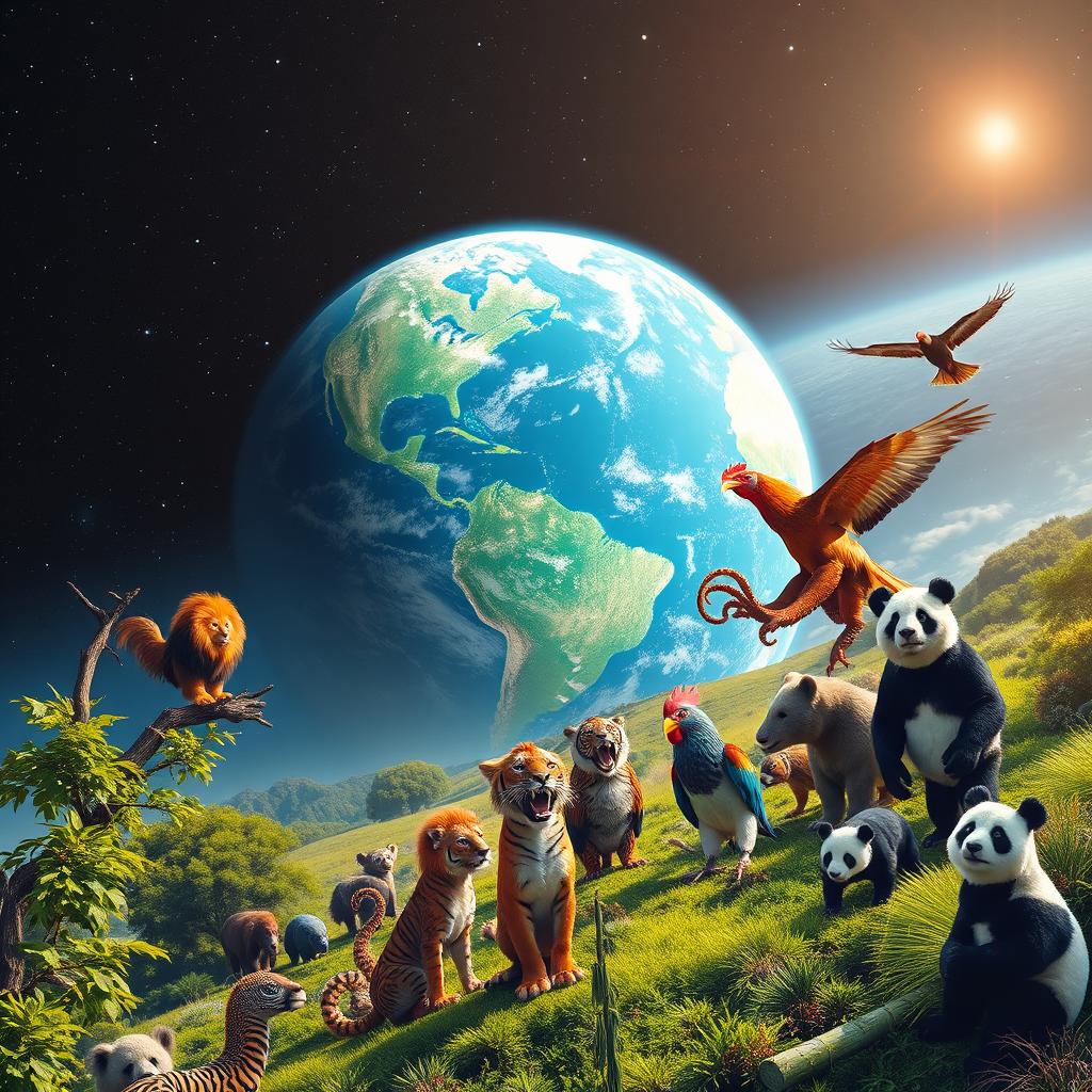 A breathtaking view of a pristine Earth in space, filled with vast deep blue oceans and vibrant greens of untouched flora, depicting the planet before human civilizations emerged