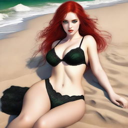 A high-quality digital art image that portrays a woman with fair skin, captivating green eyes, and fiery red hair