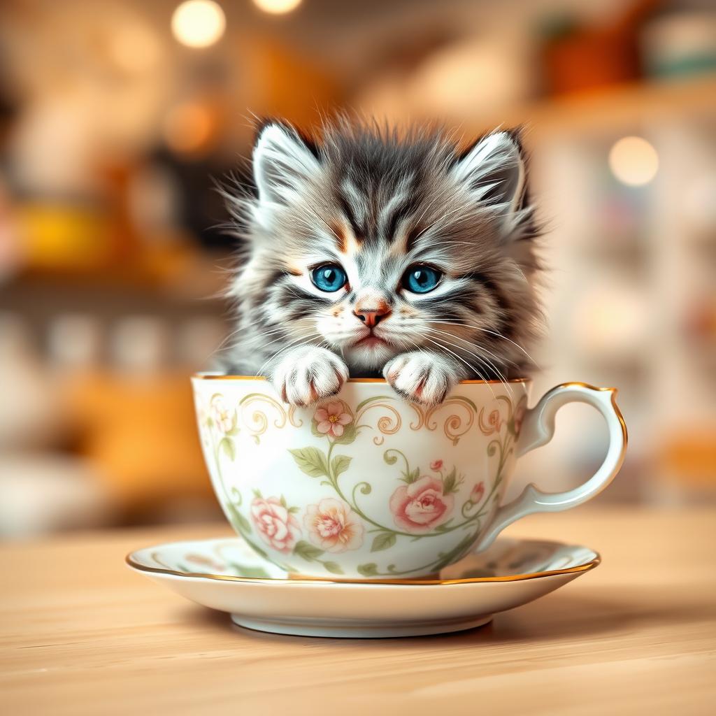 A cute, fluffy kitten sitting comfortably inside a delicate porcelain teacup, with its curious little face peeking out