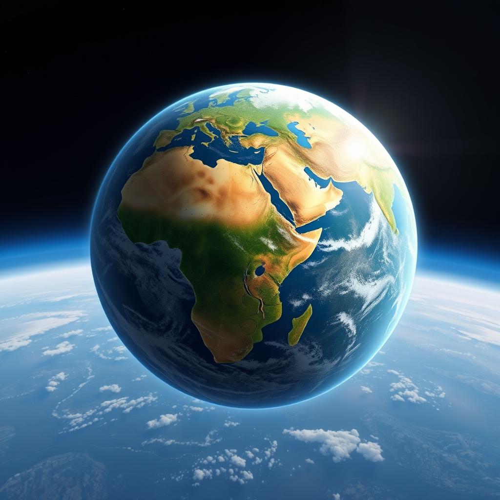 A surreal depiction of Earth without any countries or borders, showcasing a planet filled with lush green forests, vast deserts, rich oceans, and majestic mountains
