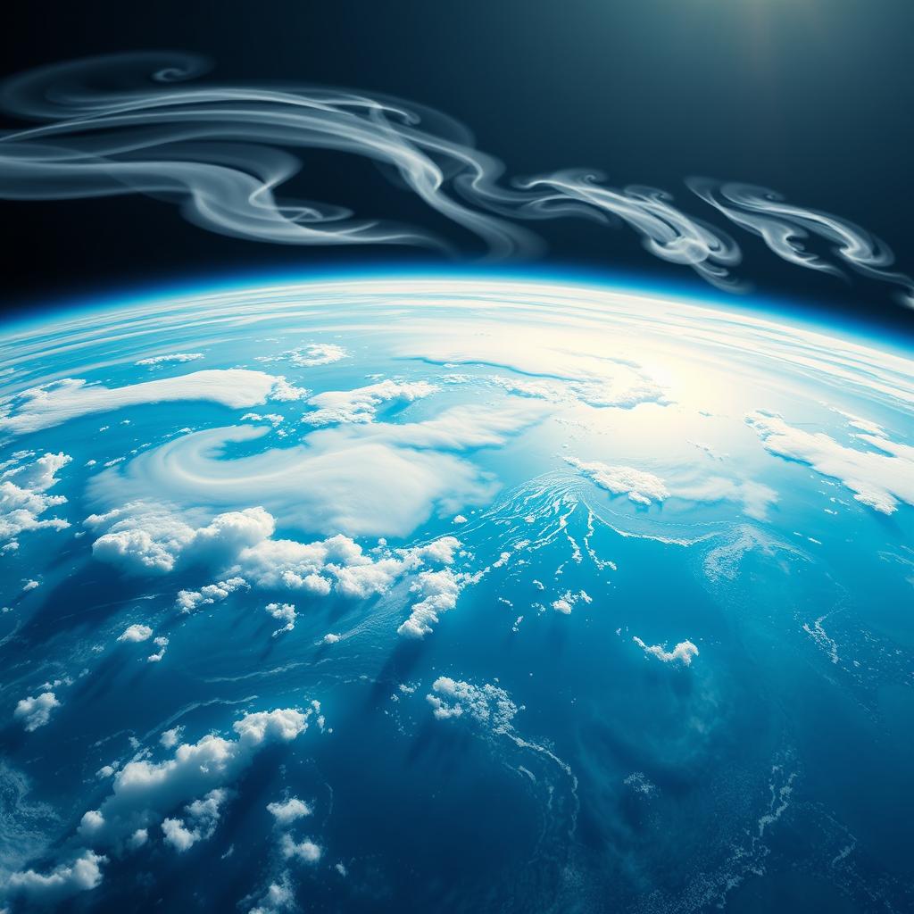 A stunning depiction of Earth entirely covered in vibrant, deep blue oceans, with swirling white clouds gracefully floating above