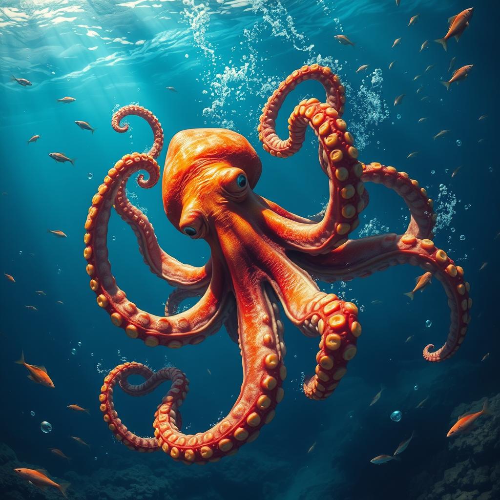 A giant octopus in the ocean, its tentacles flailing as it shows signs of panic