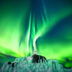 Create an image of a majestic penguin standing proudly atop a large, icy cliff against a backdrop of the northern lights.