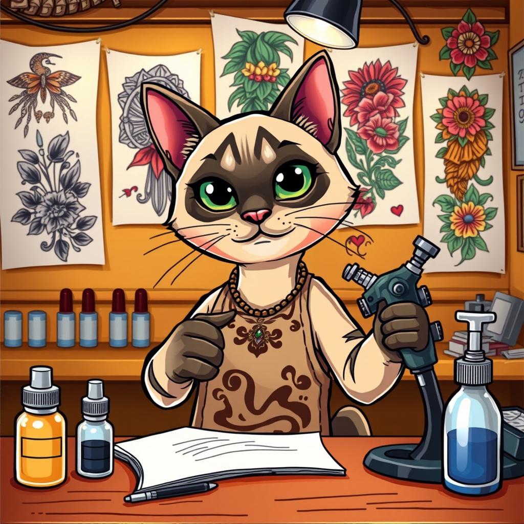 A cartoon-style Siamese cat confidently working as a tattoo artist, surrounded by tattoo equipment like needles and ink bottles