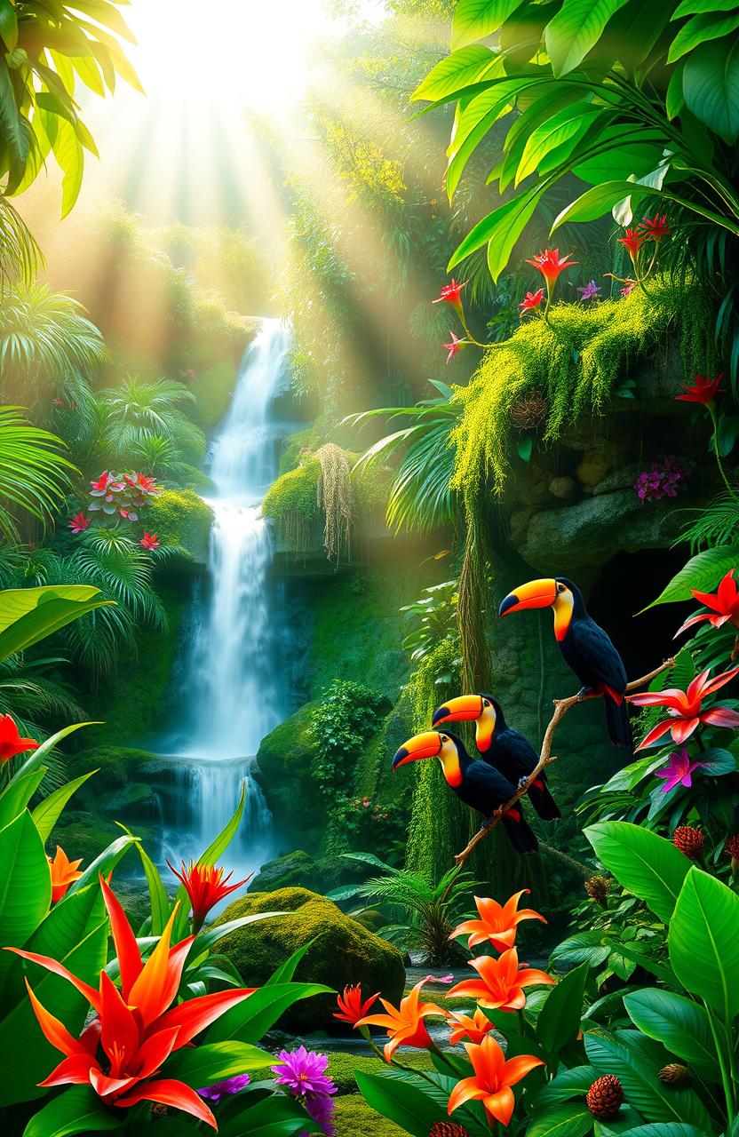 A lush, vibrant jungle scene filled with colorful tropical plants and exotic flowers, with a majestic waterfall cascading down moss-covered rocks