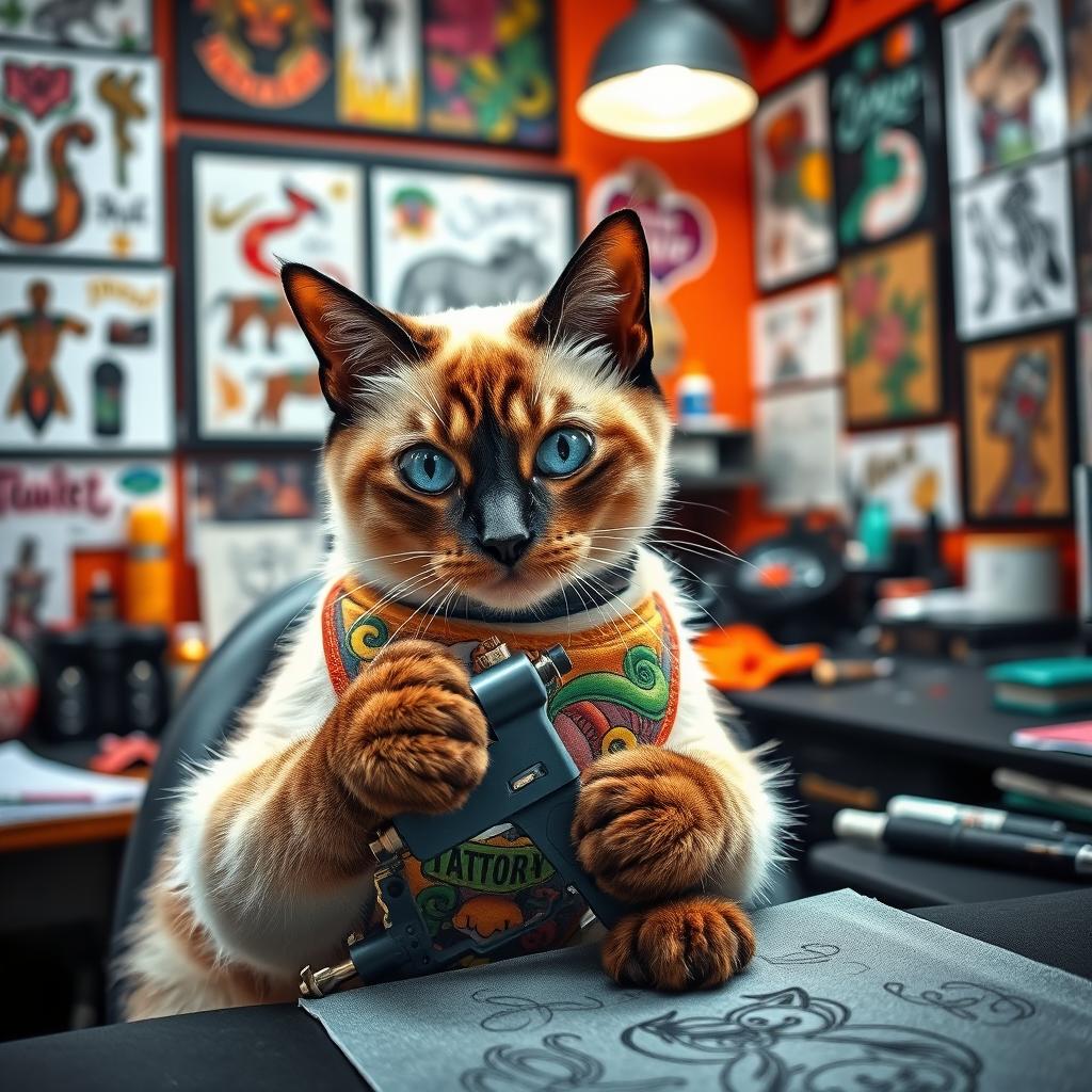 A charming Siamese cat, adorned with a colorful tattoo artist's apron, skillfully working at a tattoo station in a vibrant studio