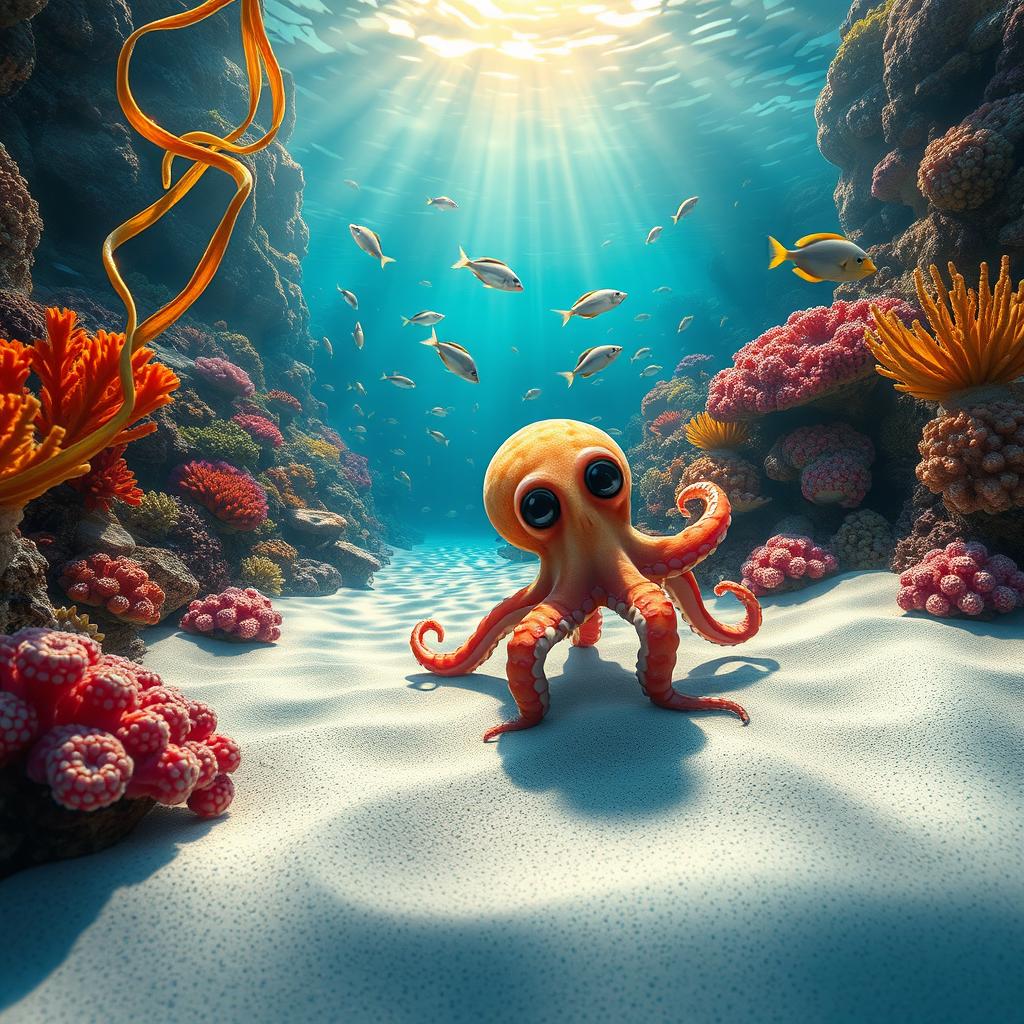 A charming little octopus exploring the depths of a vibrant ocean filled with colorful coral reefs and a variety of marine life