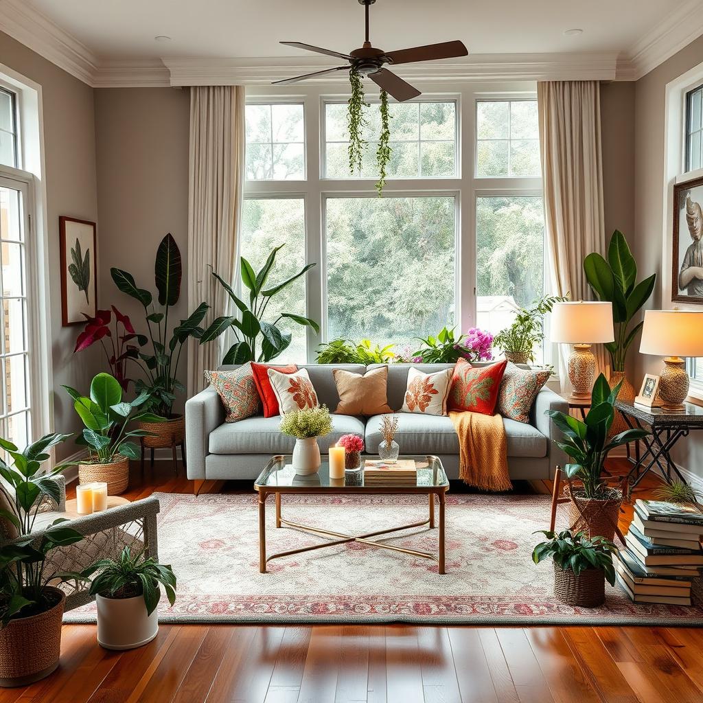 A beautifully decorated living room featuring an elegant sofa with colorful cushions, a stylish coffee table, and an array of vibrant plants