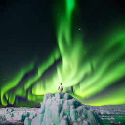 Create an image of a majestic penguin standing proudly atop a large, icy cliff against a backdrop of the northern lights.