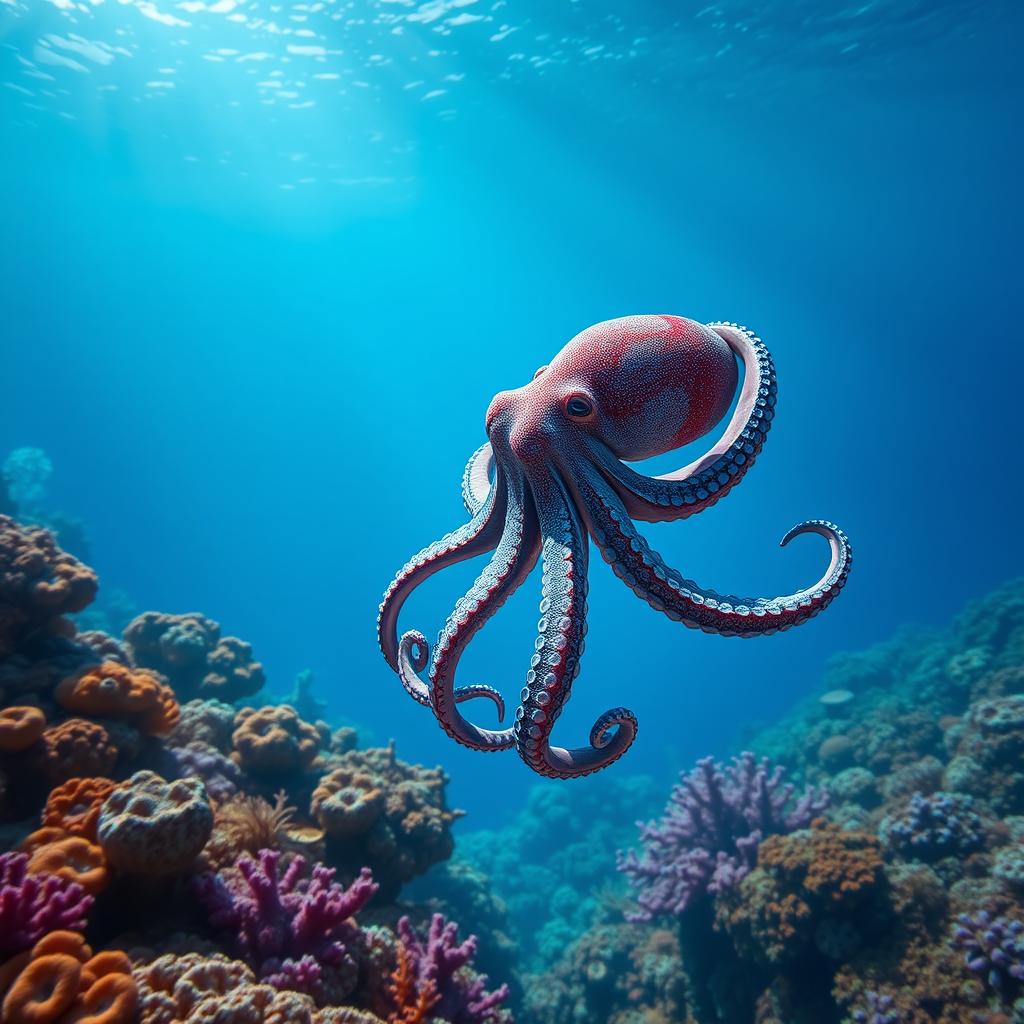 A solitary octopus swimming gracefully in the vast blue ocean, surrounded by a serene underwater landscape