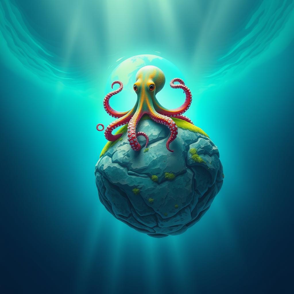 An octopus sitting atop a massive rock in the very center of a stylized Earth, surrounded by vibrant blues and greens representing oceans and continents