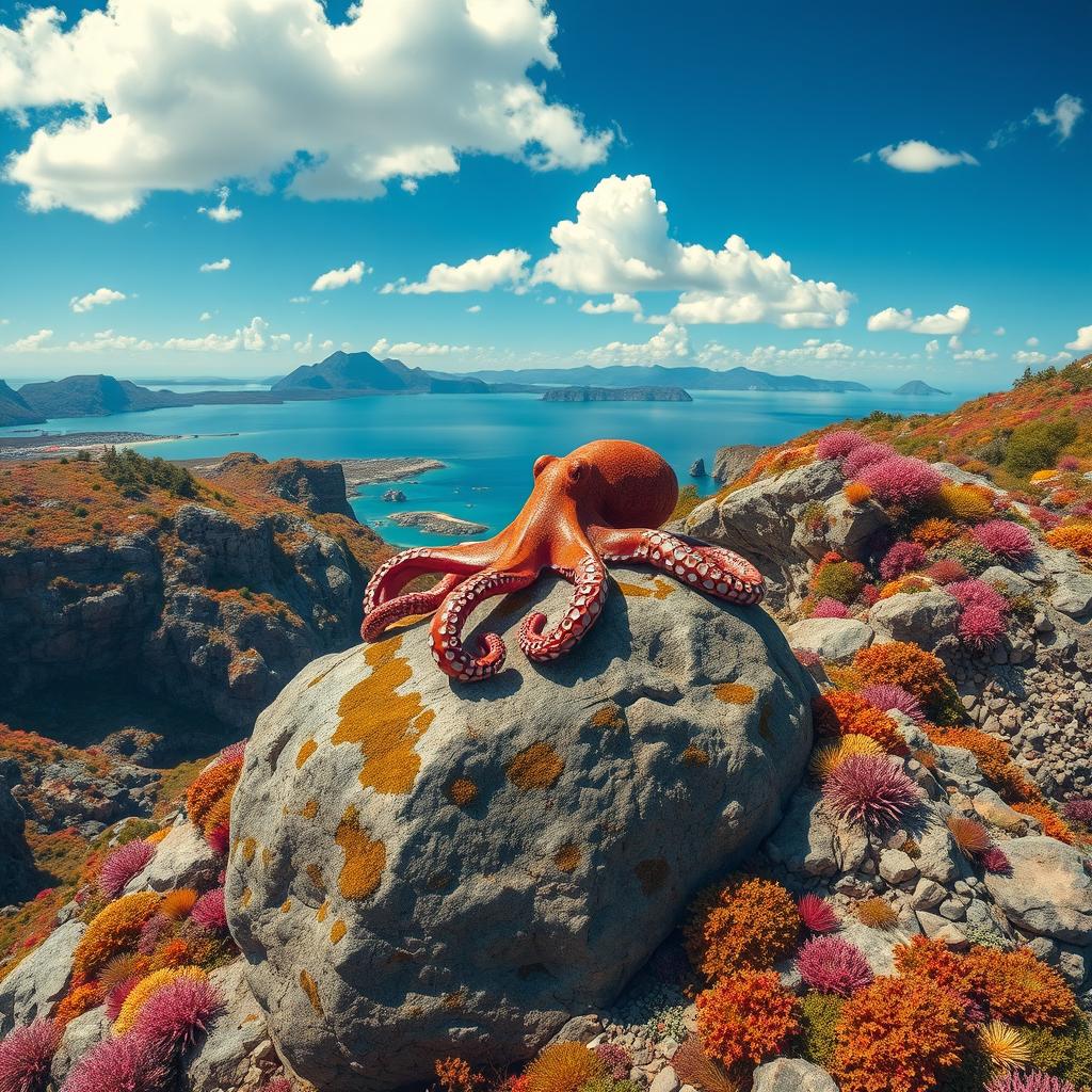 An octopus perched on a large, rugged rock at the surface of a vibrant planet, surrounded by a breathtaking landscape