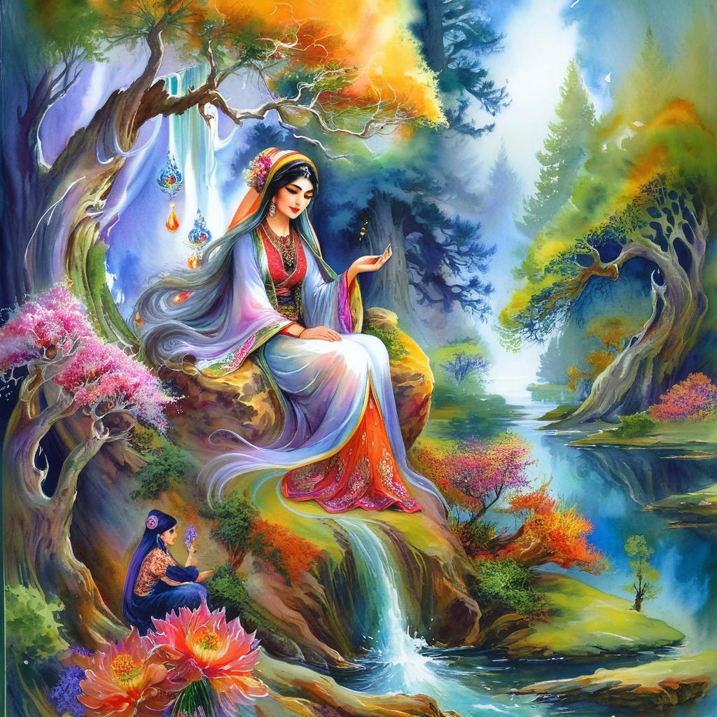 Mystical and spiritual watercolor painting of a beautiful Iranian woman sitting on a rock on a beautiful and peaceful pond in a dense forest with cypress trees, plane trees, grapevines, winding bonsai trees, and a whirlwind of colorful flowers and beautiful.
