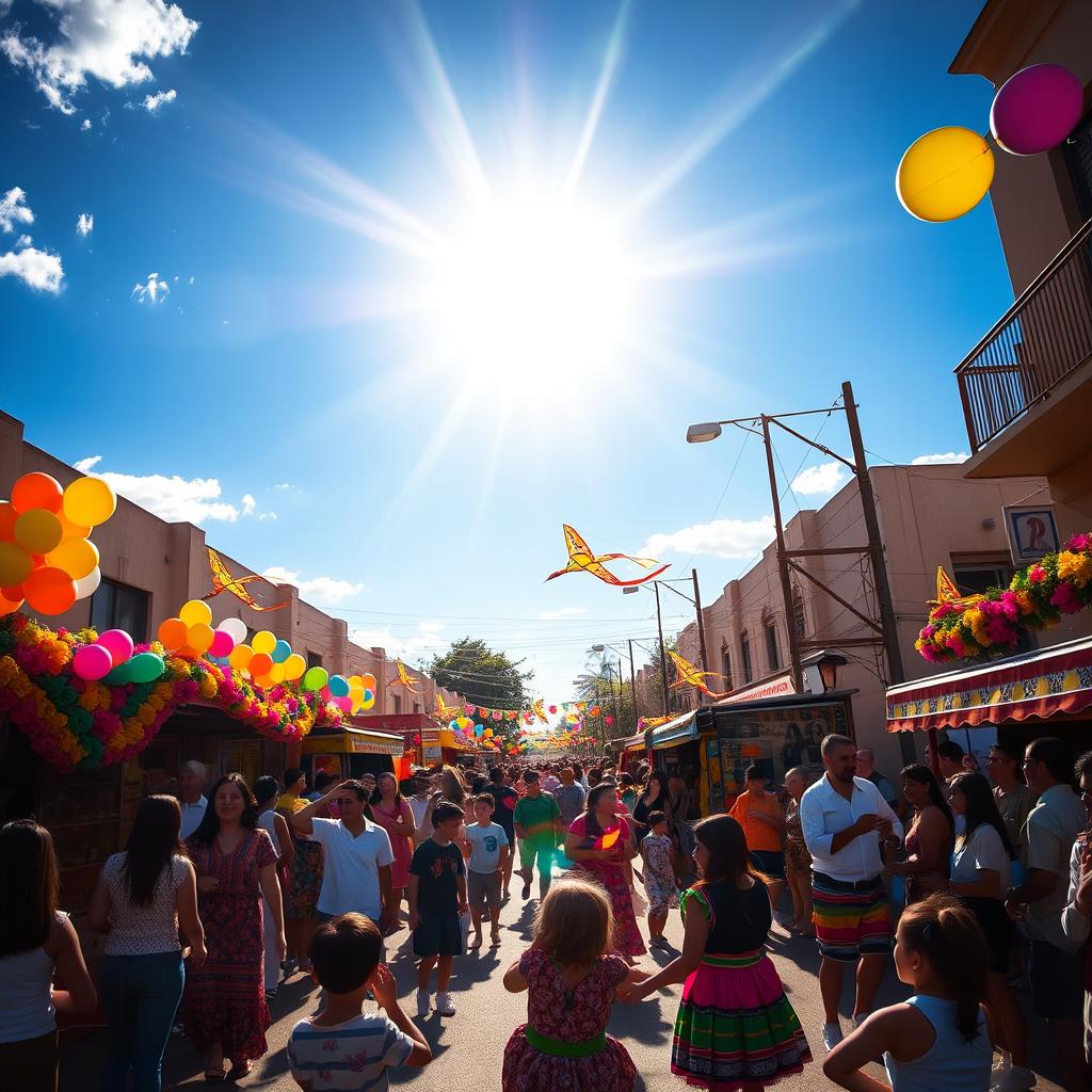 A vibrant street festival scene, filled with colorful decorations, lively music, and joyful people dancing