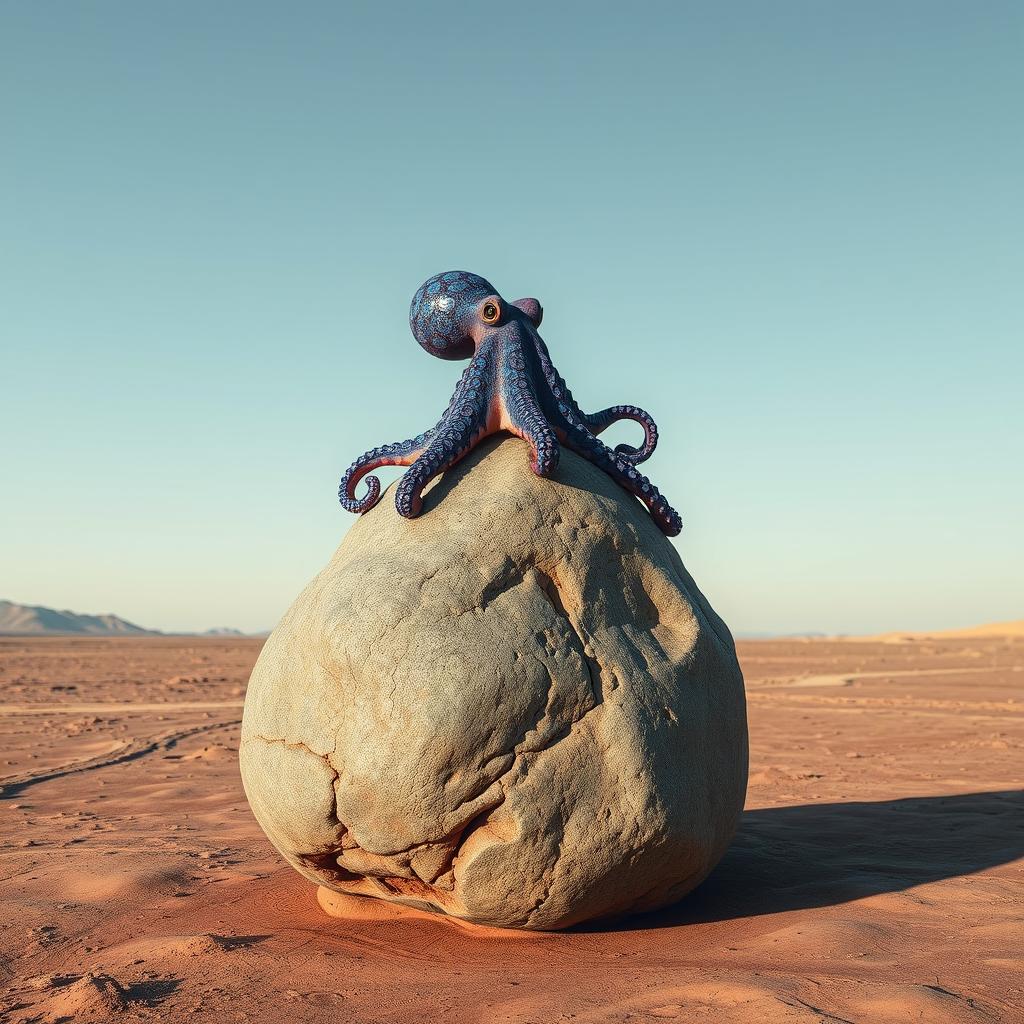 A solitary octopus on top of a large, smooth rock at the surface of a barren planet