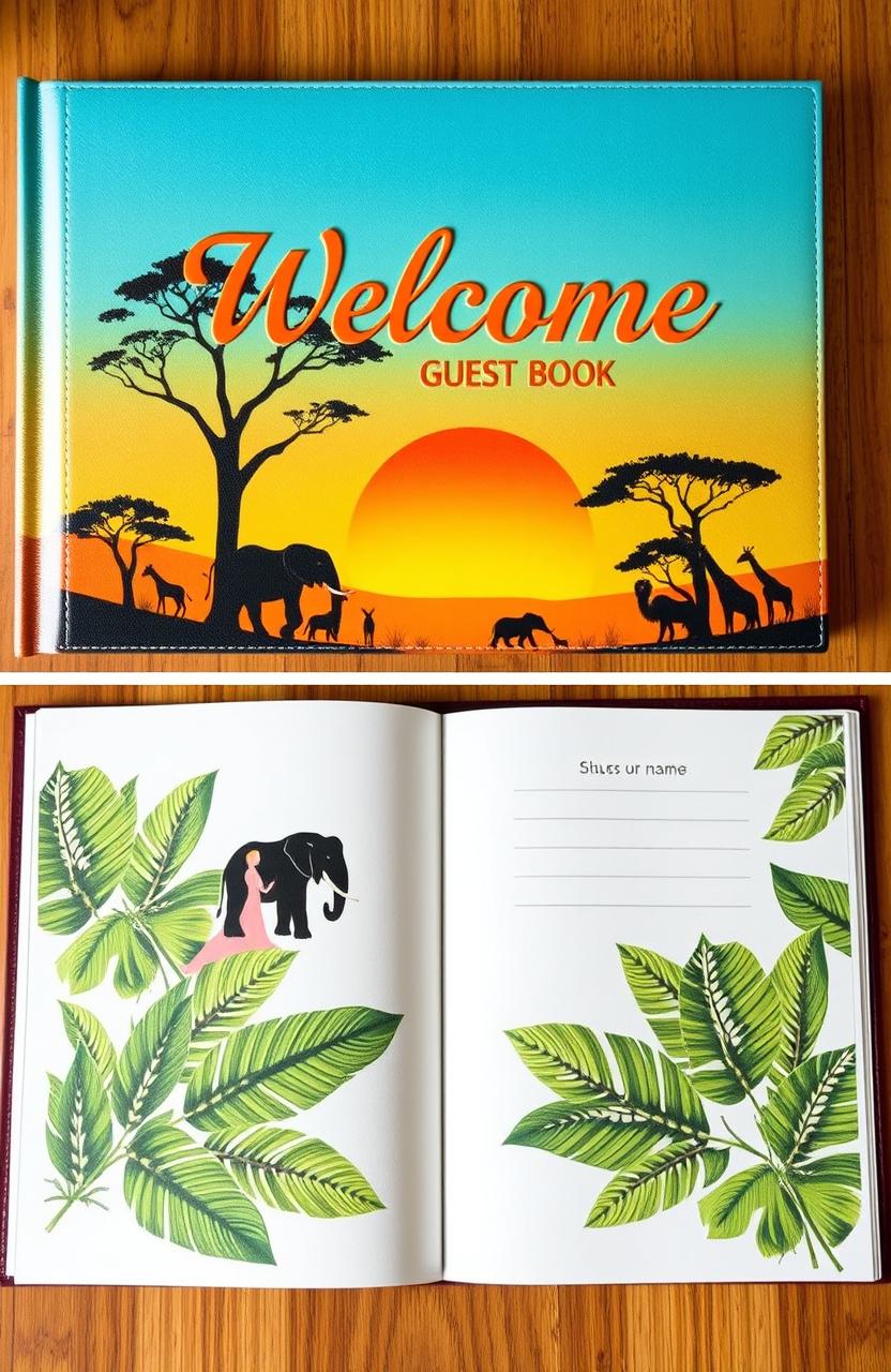 A beautifully designed welcome guest book featuring a Safari theme
