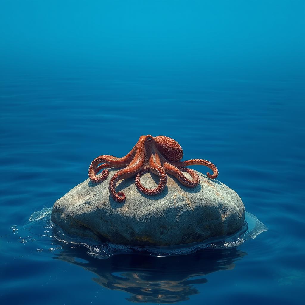 A stunning octopus resting on a large, smooth rock at the surface of a vast ocean