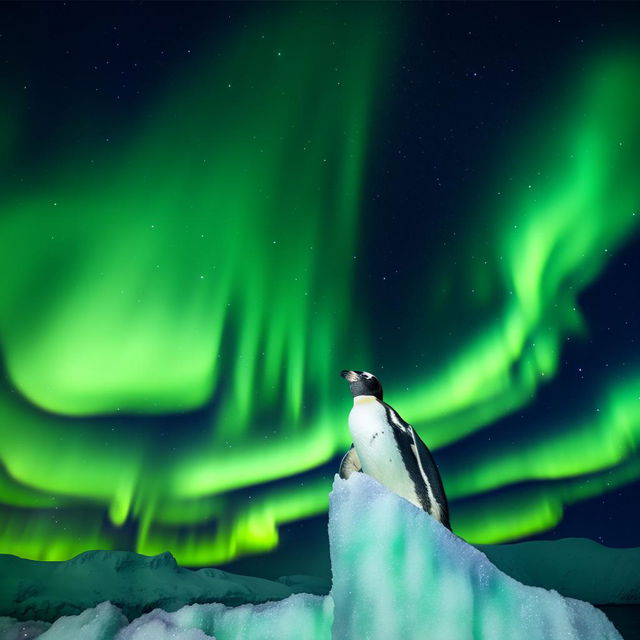 Create an image of a majestic penguin standing proudly atop a large, icy cliff against a backdrop of the northern lights.